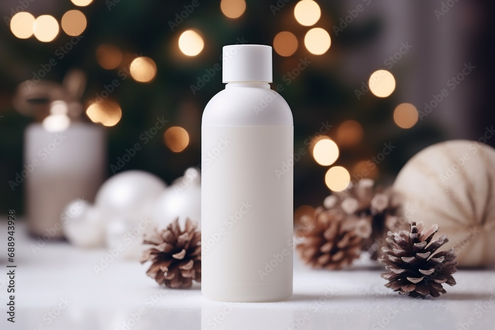 Cosmetic bottle mockup on white table with christmas tree and bokeh background. Cosmetic bottle mockup on white table with christmas tree and bokeh background.