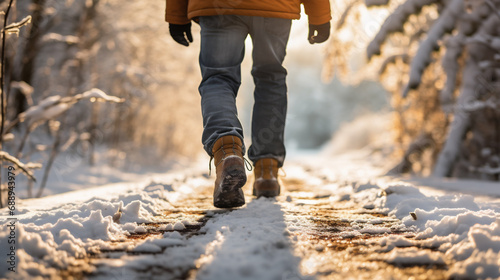 Close up of man walking on winter road with ice and snowflakes
