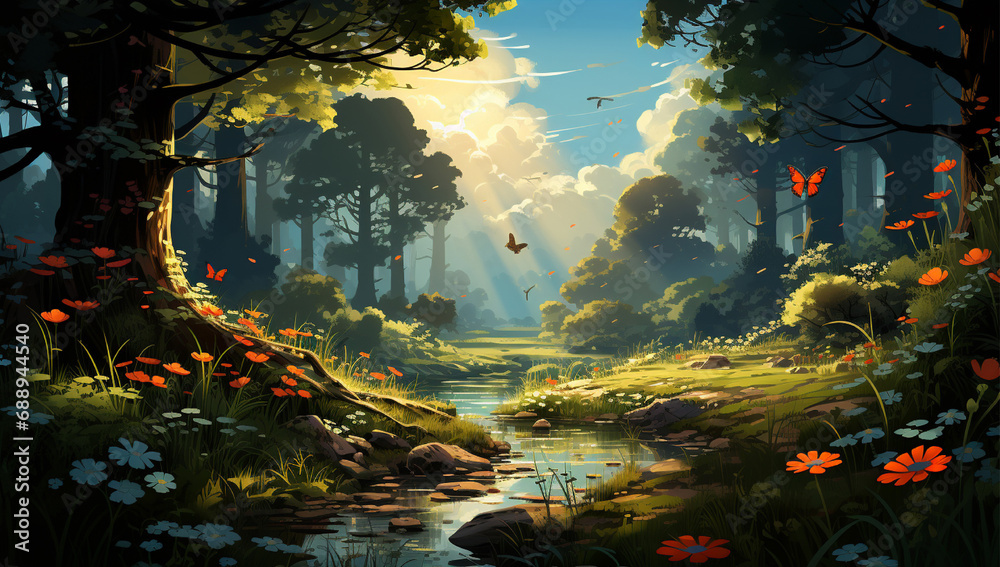 Obraz premium Summer's Serene Haven Vibrant Forest Glade with Blossoming Grass and Butterflies