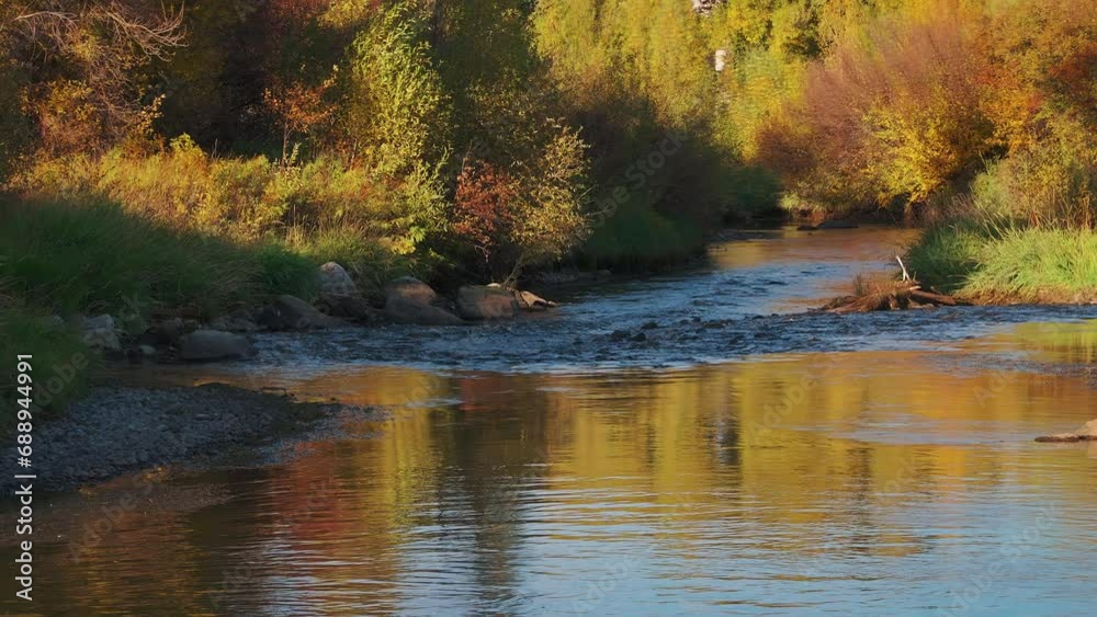 Vibrant Autumn Nature Colors Reflected Over Pristine River During Sunset. Slow Motion, Zoom In Vibrant Autumn Nature Colors Reflected Over Pristine River During Sunset. Slow Motion, Zoom In