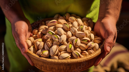 Woman hands holding pistachio nuts in bazaar. Brown beer nuts salted pistachio nuts in female hands in market. Traditional dry nuts.