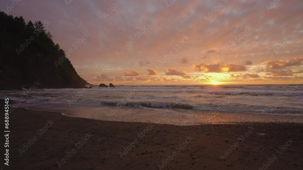 Paradise Beach On Sunset. Rolling Waves Onto Shoreline. Slow Motion Paradise Beach On Sunset. Rolling Waves Onto Shoreline. Slow Motion