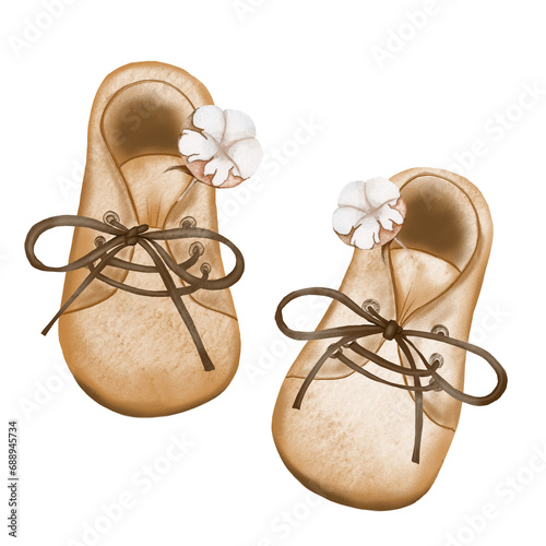 Watercolor drawing of a newborn boho baby's boot. Cute first shoes for baby with cotton flowers isolate on white background. For designing cards and invitations for baby shower and birth of a child.