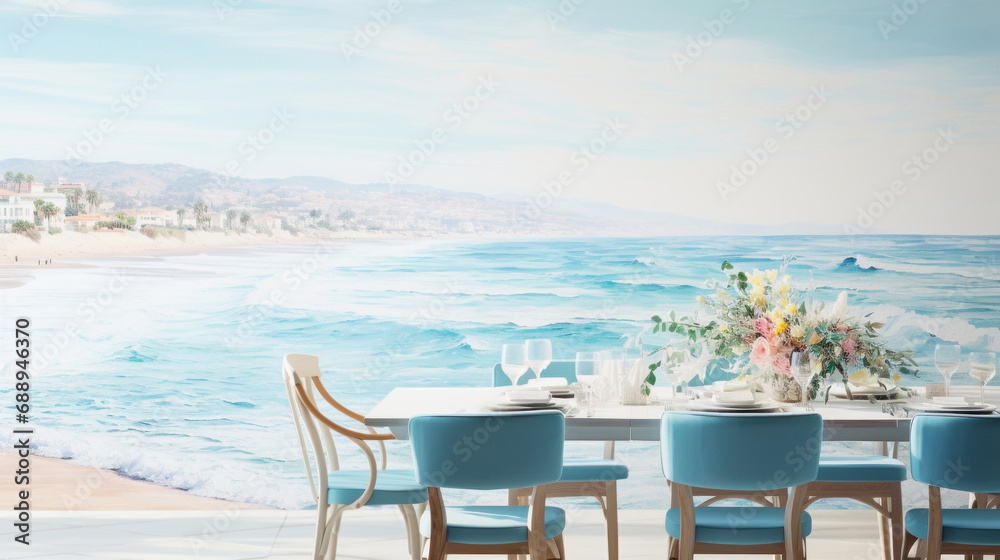 Restaurant or cafe with white wooden table and blue chairs in Provencal. Modern interior design