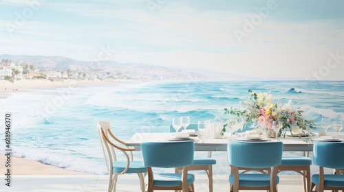 Restaurant or cafe with white wooden table and blue chairs in Provencal. Modern interior design