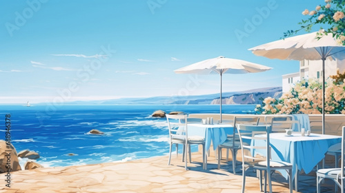 Restaurant or cafe with white wooden table and blue chairs in Provencal. Modern interior design © bit24
