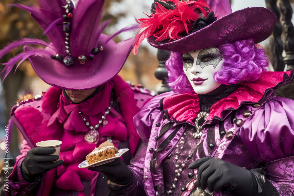 Two figures in purple carnival costumes, detailed with elaborate ...