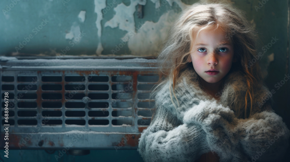 A frozen girl is warming herself by the radiator near big wall. Winter concept A frozen girl is warming herself by the radiator near big wall. Winter concept