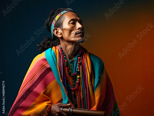 Andean Musician with a Colorful Poncho and Pan Flute photo