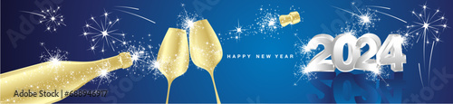 Happy New Year 2024. New modern 3d concept design. Golden glasses and champagne white silver 3D 2024 and mirrored shadows in blue background with stars sparkling fireworks banner