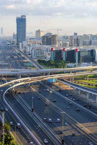 Photography high view of Sheikh Zayed Road and Dubai Metro line