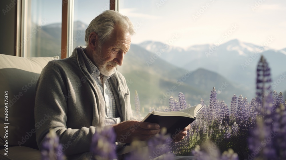 Elderly aged reading a book at a home, relaxing and hobby time. Elderly aged reading a book at a home, relaxing and hobby time.