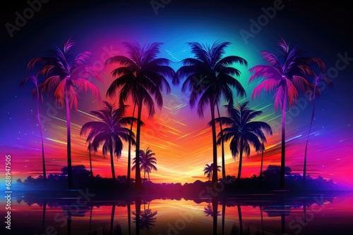 Colorful neon palm trees background © kramynina