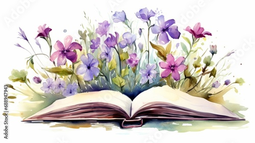 vintage charm: watercolor flowers blossoming from an open book - vector illustration on white background © Ashi