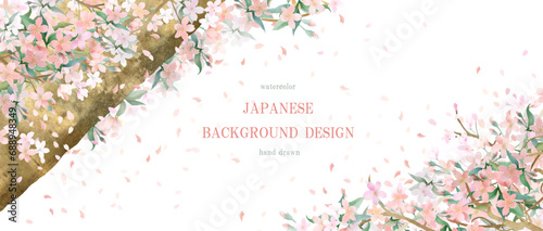 桜, 背景, 水彩, フレーム, 春, 桜吹雪, 和, 花, 花びら, ベクター