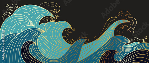 Traditional Japanese wave pattern vector. Luxury hand drawn oriental ocean wave splash line art pattern background. Art design illustration for print, fabric, poster, home decoration and wallpaper.