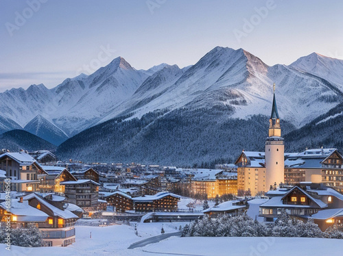 Fairy tale view of Saint Moritz on a snowy winter dusk, Engadine, Graubunden canton, Switzerland