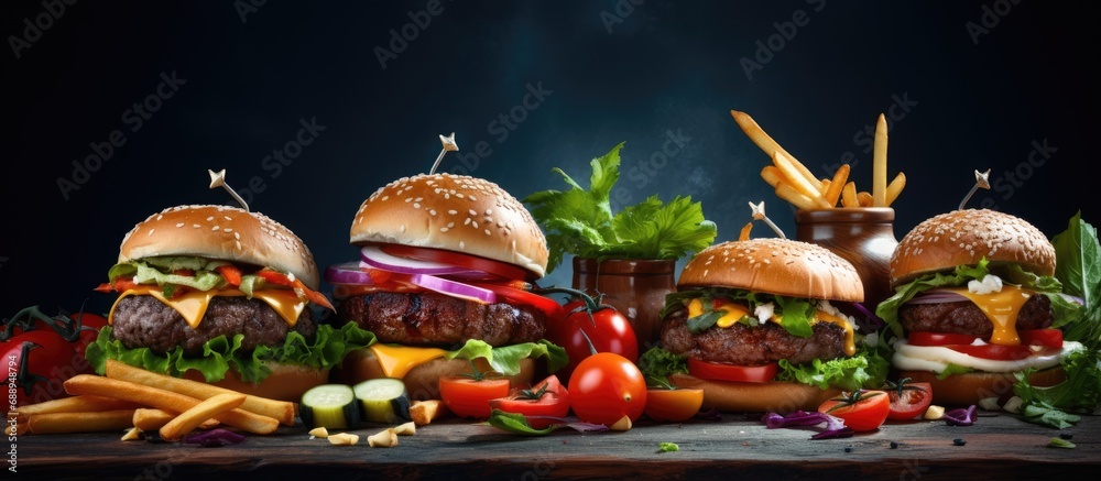 Variety of burgers with toppings like salad, cherry tomatoes, and potatoes.