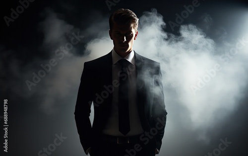 In a dimly lit studio, a young businessman exudes an aura of corporate sophistication, clad in a sharp suit amidst swirling smoke darkness against a black backdrop.