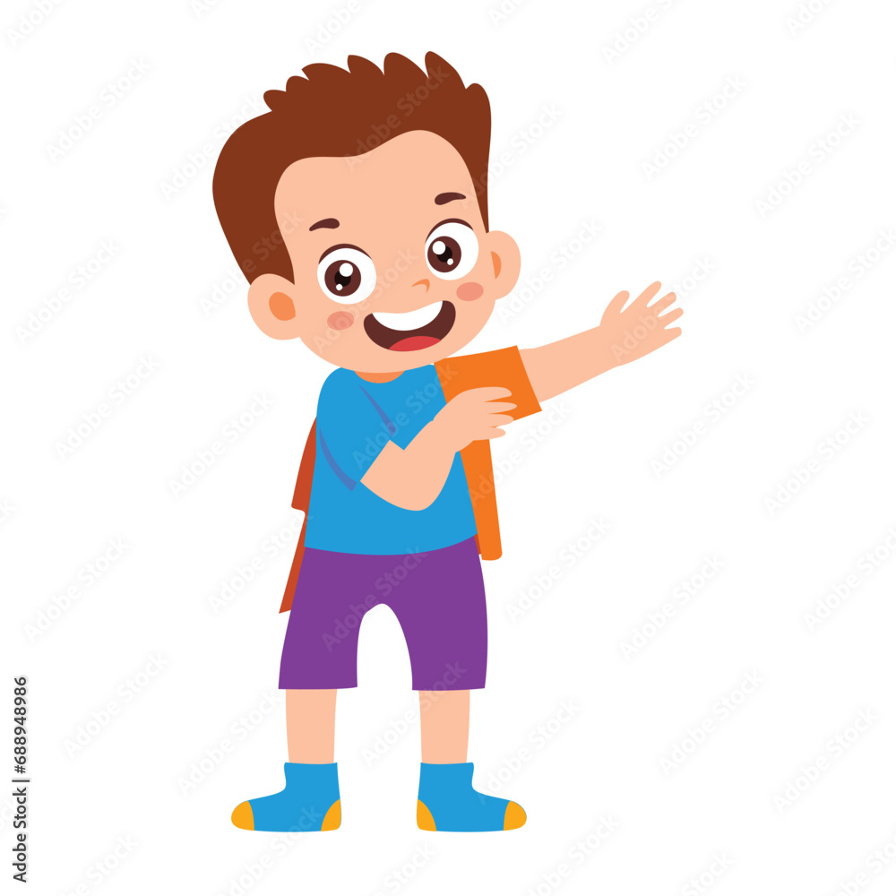 Little Kid wearing clothes getring dressed daily routine Activity. Little Boy dressing. Children discipline preparing fashion. Isolated Element Objects. Flat Style Icon Vector Illustration