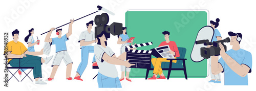 Cinema and Movie Shooting with People Character Cast and Operator Vector Illustration