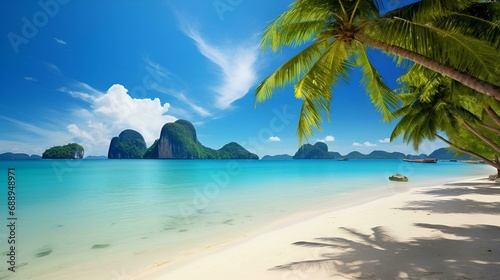 The photography of an island with white sandy beaches and clear turquoise waters is surrounded by islands on a cloudy day.