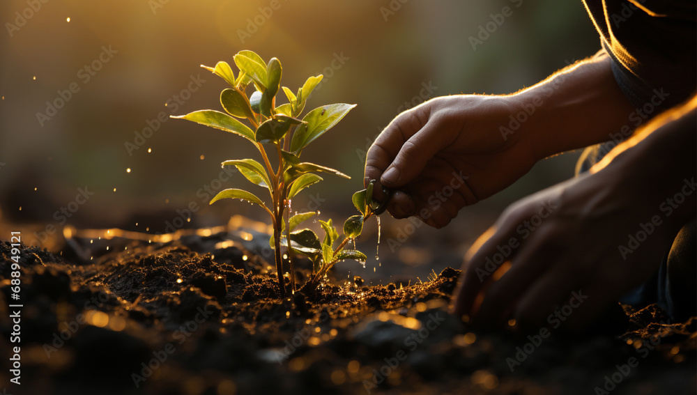 Fototapeta premium Progress and Healing person tending to a plant or garden, symbolizing growth
