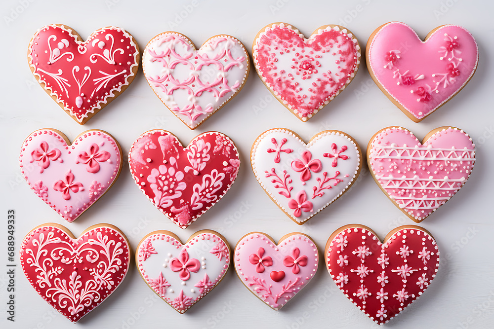collection and various cookies of red and pink color top view on a wooden white background, festive pastries for Valentine's Day