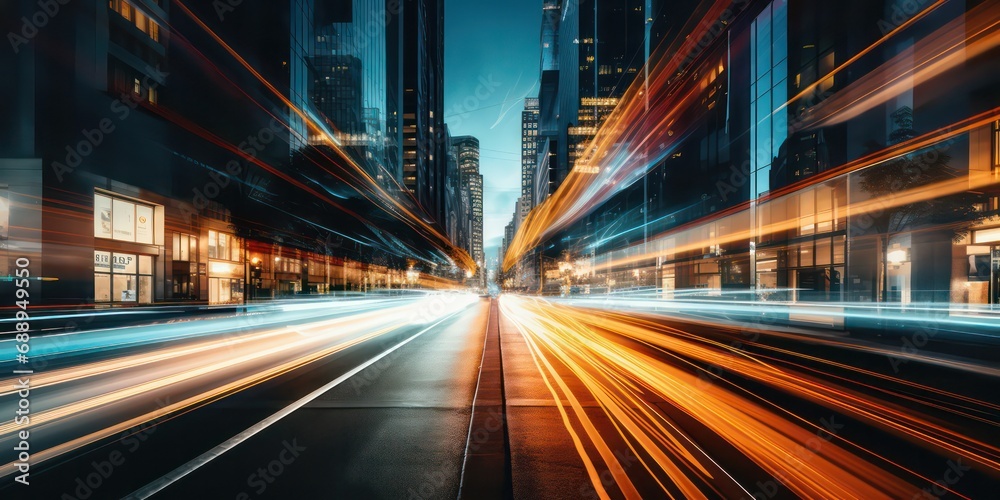 Fototapeta premium Exposure shot expertly captures the dynamic motion of cars streaking through the bustling city streets under the veil of night.