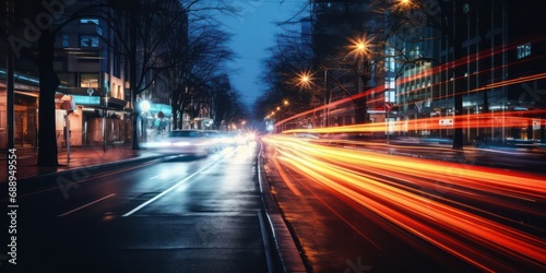 Exposure shot expertly captures the dynamic motion of cars streaking through the bustling city streets under the veil of night. © Nattadesh