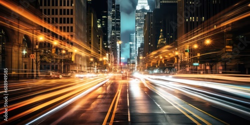 Exposure shot expertly captures the dynamic motion of cars streaking through the bustling city streets under the veil of night. © Nattadesh