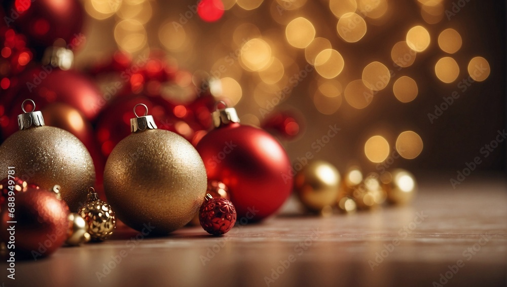 Close View of Christmas Baubles Illuminated by Bokeh Lights. Generative AI. Close View of Christmas Baubles Illuminated by Bokeh Lights. Generative AI.