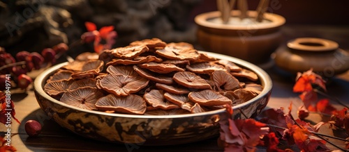 Sliced dried Reishi: ancient Chinese remedy.