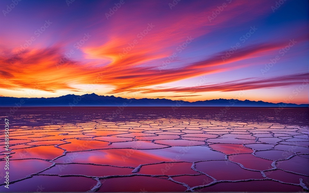 Barren salt flats reflecting the colors of a vibrant, otherworldly sunset.
