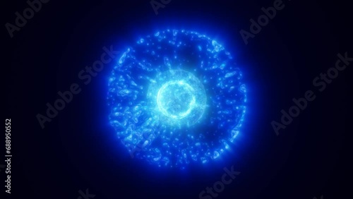 Abstract glowing blue futuristic energy sphera and dust with waves of magical energy particles on a dark blue background photo