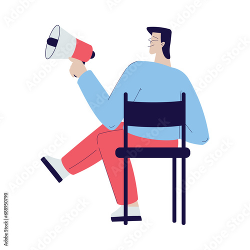 Cinema with Man Character Sit in Director Chair with Megaphone Engaged in Movie Shooting Vector Illustration