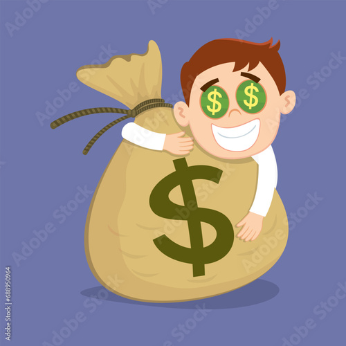 funny greedy businessman with dollar eyes hugging money bag.Dollar eyes greedy man concept. illustration vector cartoon.