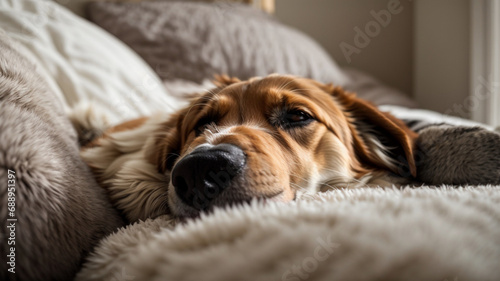 A peaceful scene captures a cute dog sound asleep, comfortably nestled at home.