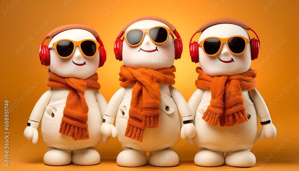 Obraz premium A three snowman made of textiles and fabric in clothes with headphones on a yellow background expresses happiness: congratulations, holiday, New Year, Christmas, winter, cold, Christmas Eve, card (Ai)