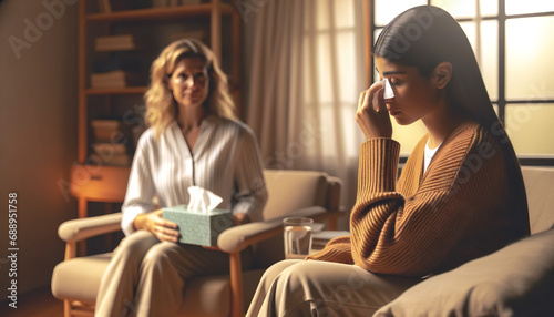 A therapist provides council and comfort to a young Hispanic women in a homely room 