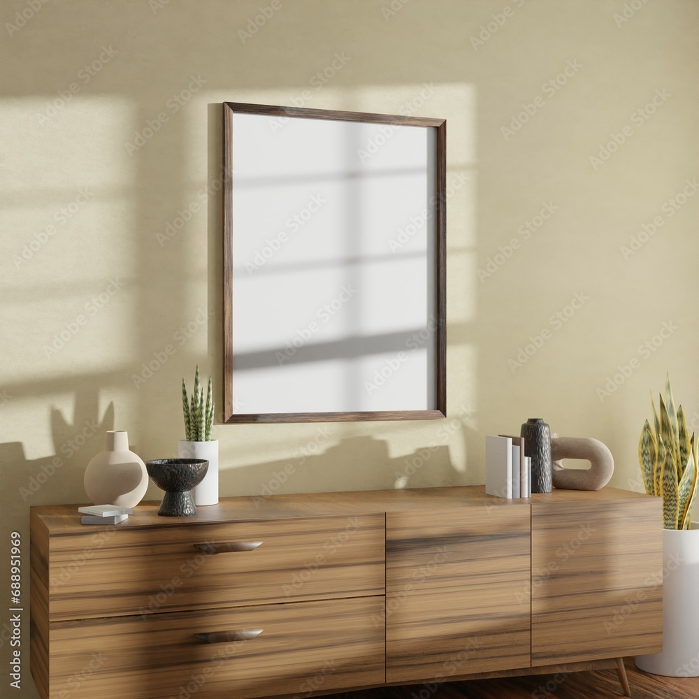 Empty poster wood frame mockup in living room interior with light reflection. 3d rendering, 3d illustration Empty poster wood frame mockup in living room interior with light reflection. 3d rendering, 3d illustration