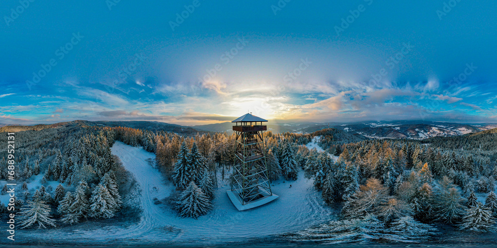 Malnik Tower, Sadecki Beskid, Malopolska, sunset panorama 360 - obrazy, fototapety, plakaty 