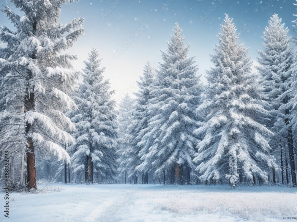 Naklejka premium Frosty winter landscape in snowy forest. Christmas background with fir trees and blurred background of winter