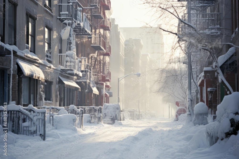 Snowy winter city street. AI generative