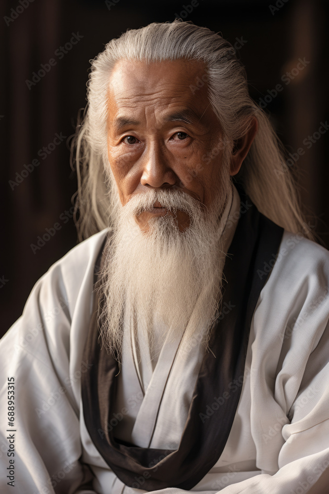 Old Taoist Priest Serene Daoist Priest In Traditional Chinese Robes