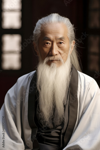 Portrait of an elderly Chinese Taoist priest with white hair and beard, calm expression, wearing Taoist robes and Chinese architecture in the background