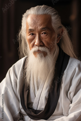 Portrait of an elderly Chinese Taoist priest with white hair and beard, calm expression, wearing Taoist robes and Chinese architecture in the background