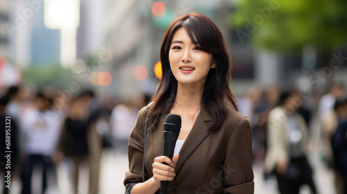 Asian female television correspondent , the journalist woman face and body look straight and confident to deliver news, against the backdrop of a asian city urban area, holding microphone photo