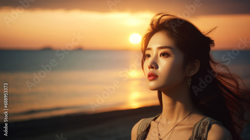 Portrait of a young South Korean woman looking up at the sky, against the backdrop of sunset on the asian beach, showing nostalgia and some kind of sadness in her expression , copy space © Keitma