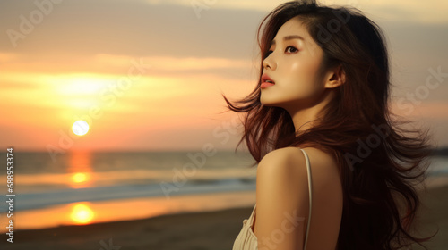Portrait of a young South Korean woman looking up at the sky, against the backdrop of sunset on the asian beach, showing nostalgia and some kind of sadness in her expression , copy space © Keitma